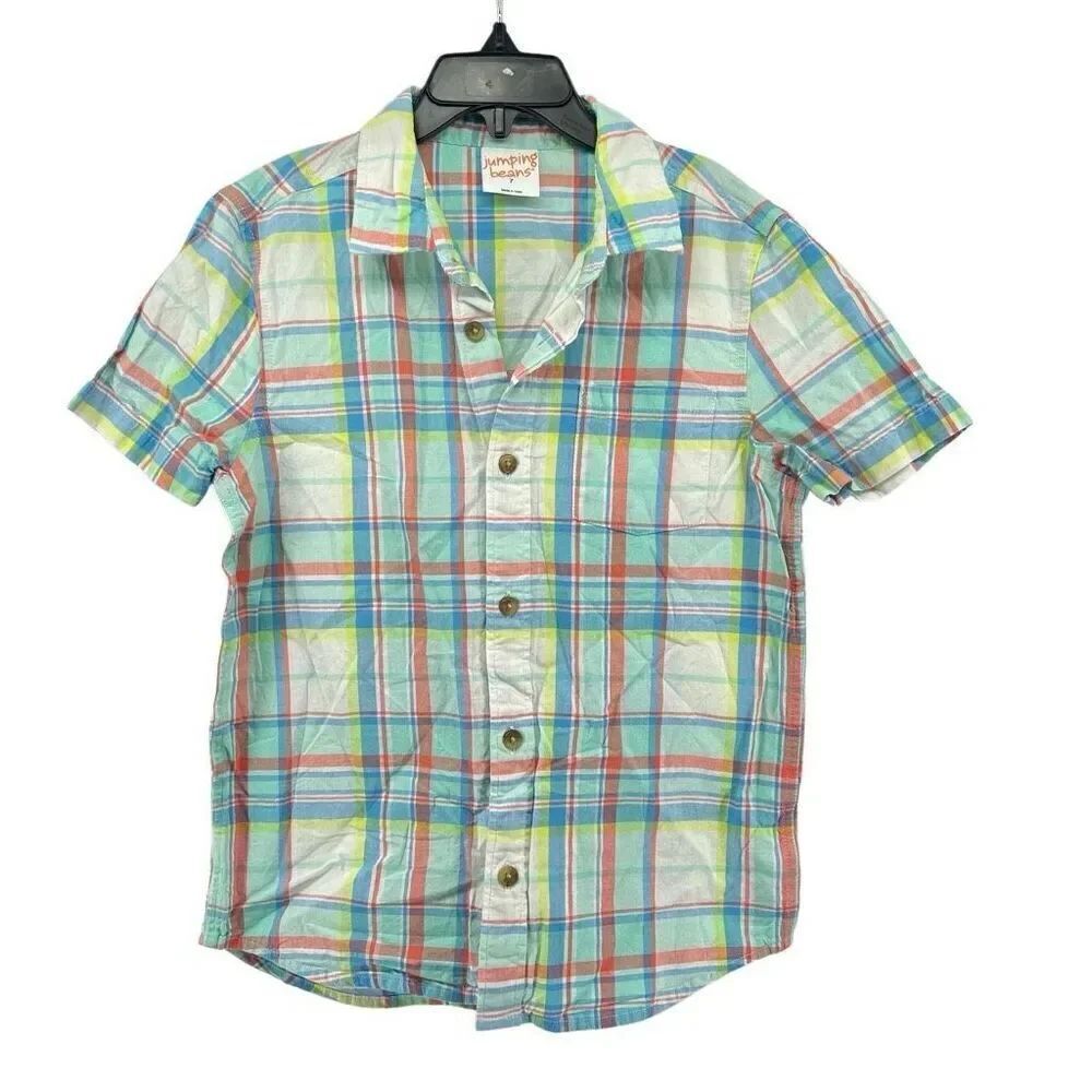 Jumping Beans Boys Plaid Short Sleeve Button Front Shirt Size 7 Multicolor